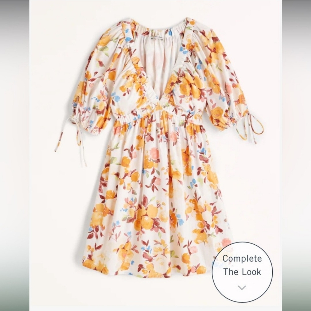 NWT Abercrombie Orange Women Poplin Puff Sleeve Babydoll Mini Dress Size M Tall